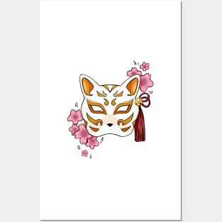 Cherry Blossom Fox Orange Mask - A Playful and Elegant Design Posters and Art